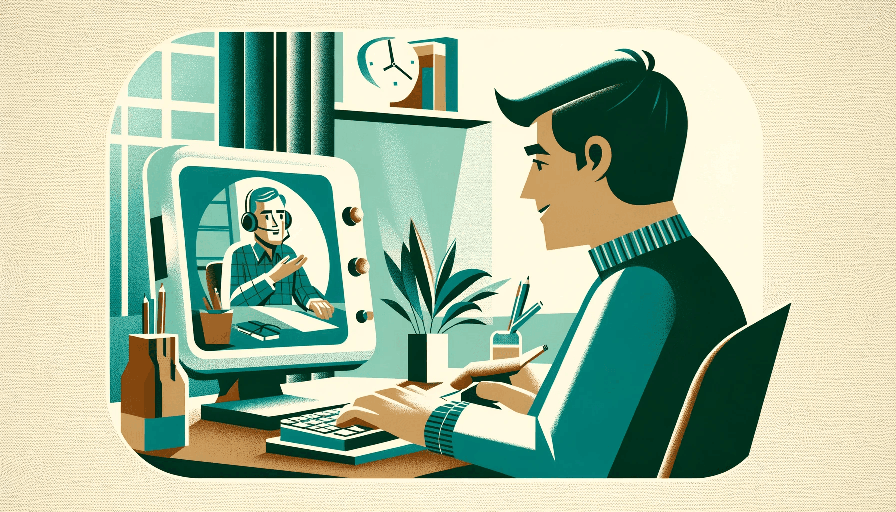 The student is sitting at the computer and sees his teacher on the screen.