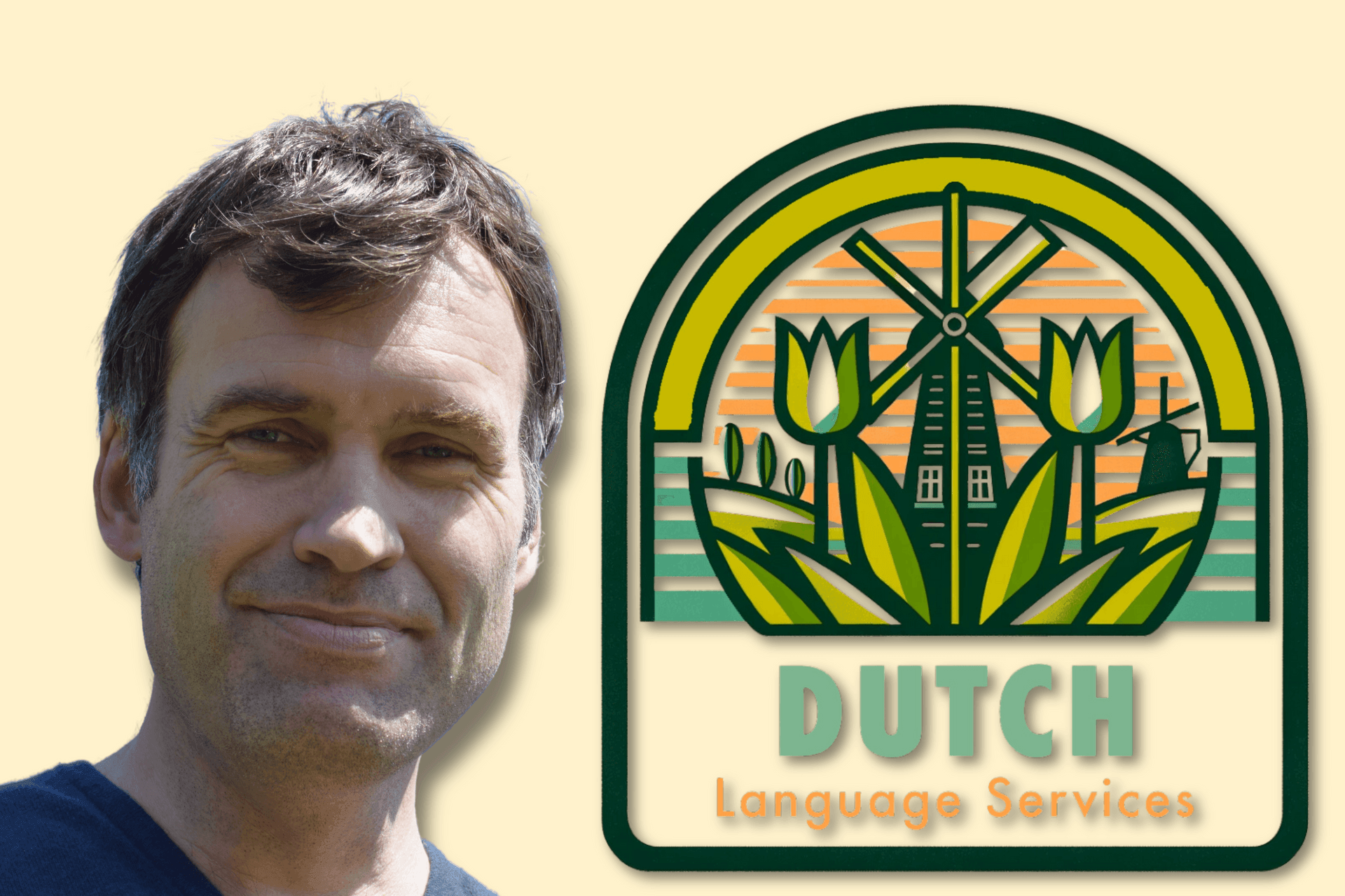 Foto van de docent het het logo van het bedrijf